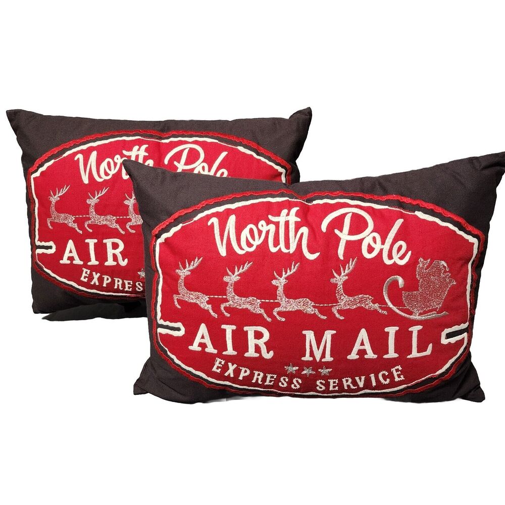 Pier 1 One North Pole Air Mail Express Service Rectangle Christmas Pillow Set